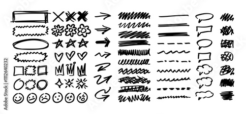 Graffiti sketch, brushstroke scribble elements, hand drawn doodle shapes and highlights isolated set