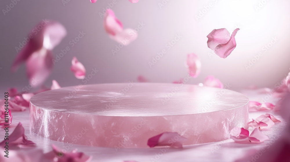 A serene pink platform surrounded by floating rose petals. A serene pink platform surrounded by floating rose petals.