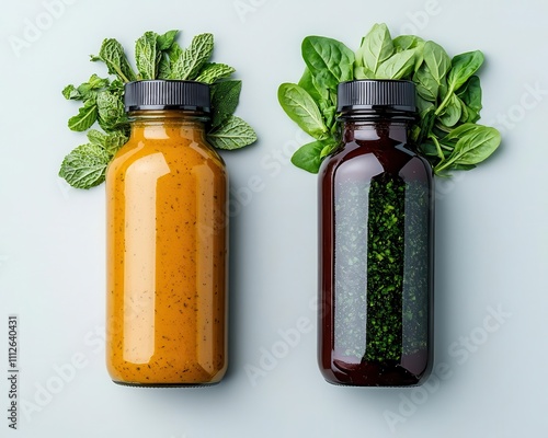 Before to after Fresh herbs blended, emulsified, and bottled into salad dressing photo