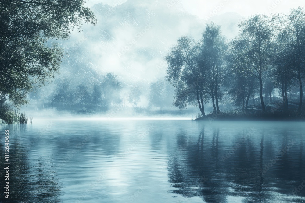 Fototapeta premium Serene lake surrounded by misty trees and mountains, evoking tranquility.