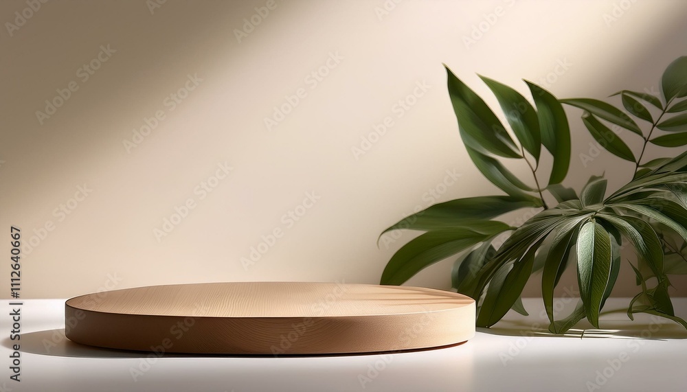 Wooden display with tropical plant. Minimalist product photography setup. Wooden display with tropical plant. Minimalist product photography setup.