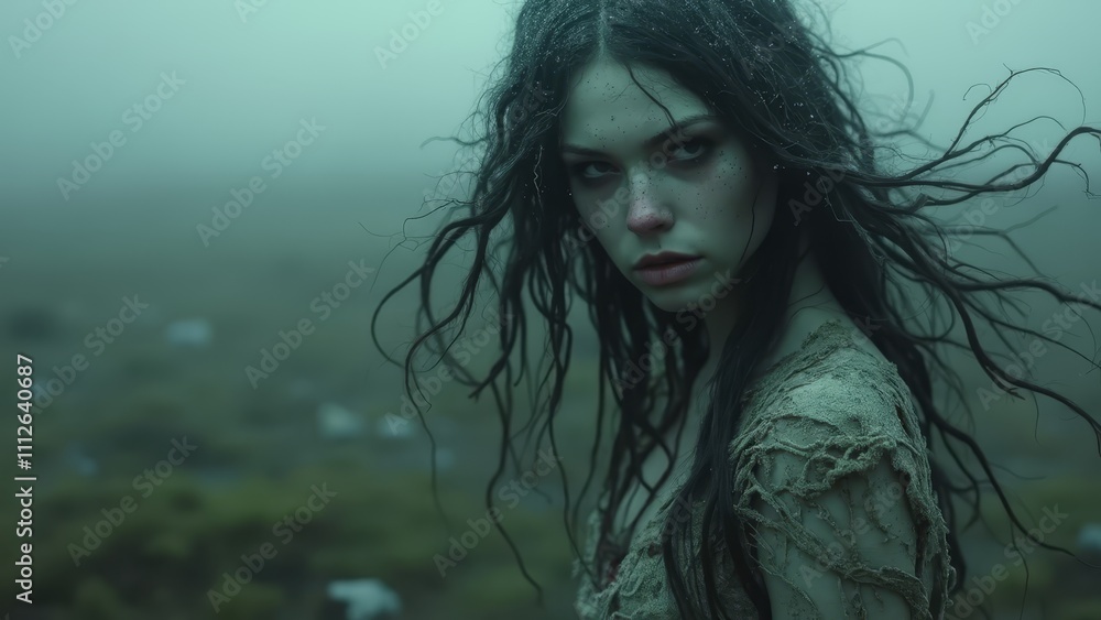 A woman with long black hair standing in a field A woman with long black hair standing in a field