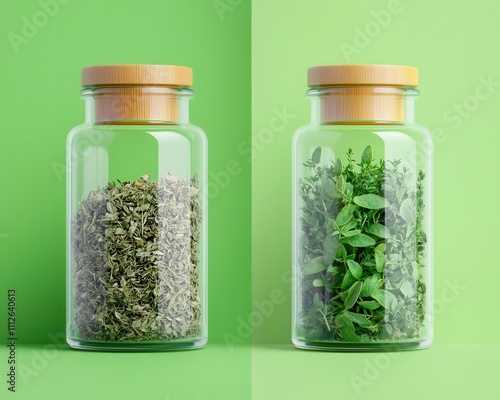 Before to after Fresh herbs dried, crushed, and bottled as flavorful seasoning photo