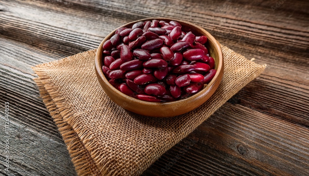 A wooden bowl filled with kidney beans sits on a burlap cloth. A wooden bowl filled with kidney beans sits on a burlap cloth.