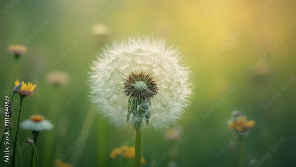 Fototapeta premium A dandelion in the middle of a field of flowers