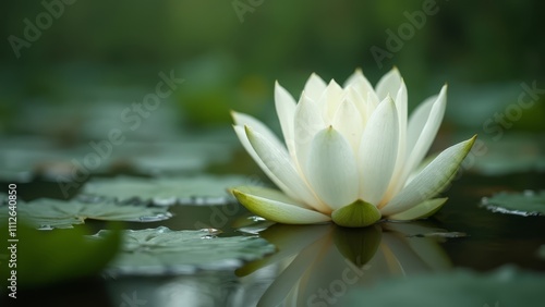 A white water lily floating on top of a pond