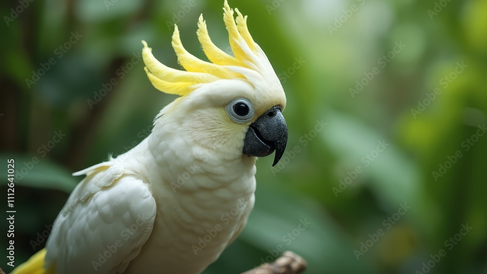 A white parrot with a yellow mohawk sitting on a branch A white parrot with a yellow mohawk sitting on a branch