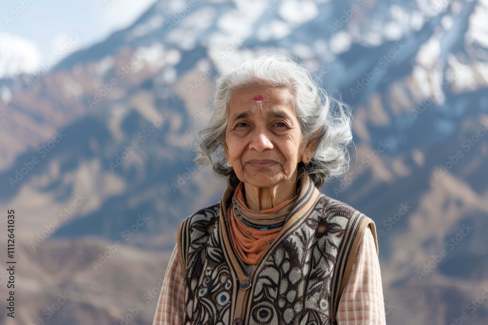 Portrait of a satisfied indian woman in her 60s dressed in a polished vest in backdrop of mountain peaks Portrait of a satisfied indian woman in her 60s dressed in a polished vest in backdrop of mountain peaks