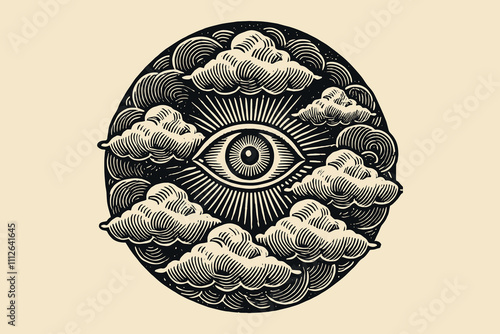 Vintage illustration of an all-seeing eye surrounded by clouds and radiant beams, symbolizing enlightenment, mysticism, and divine presence. Detailed black-and-white engraving style. Isolated, cut out