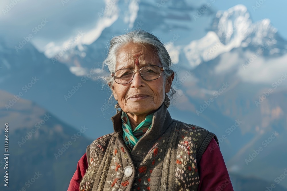 Portrait of a satisfied indian woman in her 60s dressed in a polished vest on backdrop of mountain peaks Portrait of a satisfied indian woman in her 60s dressed in a polished vest on backdrop of mountain peaks
