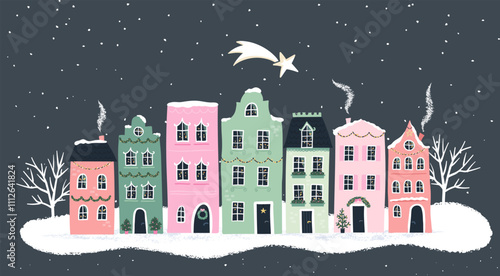 Cute hand drawn  houses with Christmas decoration, great for banners, greeting cards, prints - vector