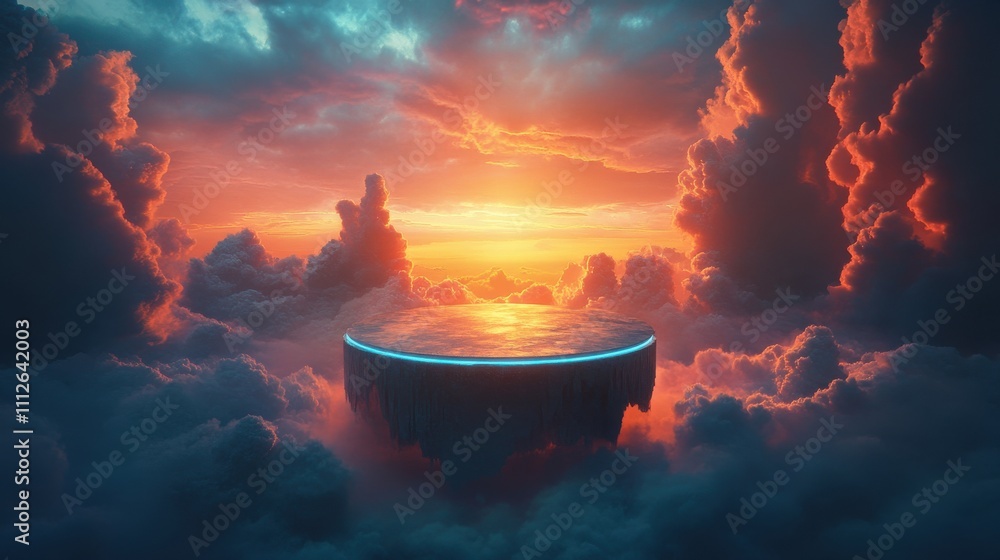 Ethereal landscape with floating platform and vibrant sunset. Ethereal landscape with floating platform and vibrant sunset.