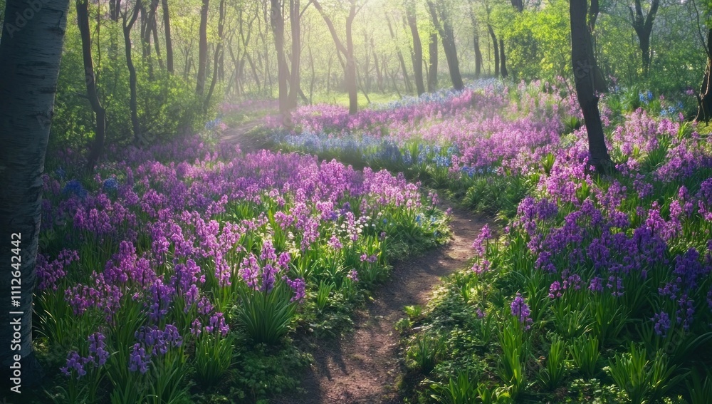 Naklejka premium Enchanted Forest Path: A Sunlit Walk Through a Sea of Purple Flowers
