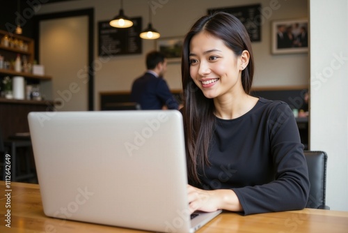 Smiling woman working on laptop in cozy café setting with warm lighting and modern ambiance.