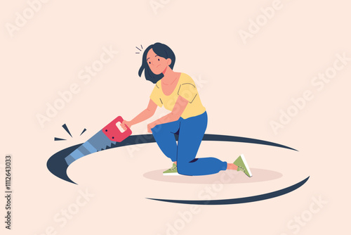 Self sabotage. Woman with saw sawing hole in floor, business bankrupt stupid mistake or danger decision self harm lost idea bankruptcy concept idiot shame vector illustration