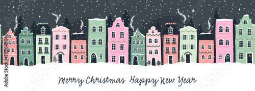 Cute hand drawn  houses with Christmas decoration, horizontal seamless, great for textiles, banners, wallpapers - vector