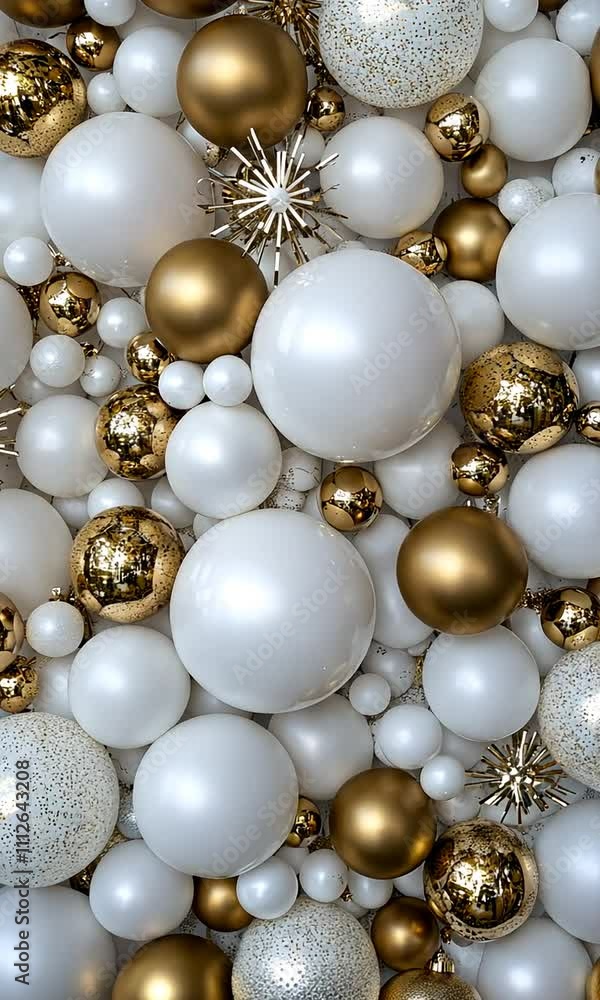This display features elegant gold and white holiday ornaments, creating a festive ambiance perfect for celebrations This display features elegant gold and white holiday ornaments, creating a festive ambiance perfect for celebrations