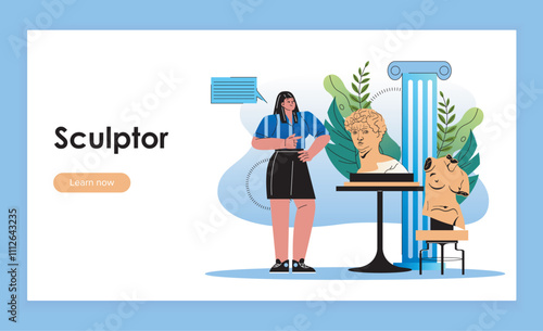 Sculptor landing page. Woman with marble bust. Young girl near traditional greek columns and heads. Creativity and art. Flat vector illustration