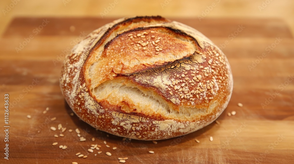 Freshly Baked Artisan Bread with a Crusty Surface and Sesame Topping on a Wooden Cutting Board Surrounded by Flour Dust for Culinary Themes Freshly Baked Artisan Bread with a Crusty Surface and Sesame Topping on a Wooden Cutting Board Surrounded by Flour Dust for Culinary Themes