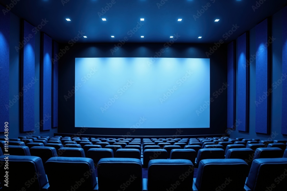 Fototapeta premium Empty movie theater with blue lighting and rows of seats in a modern cinema.