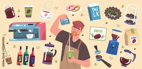 Barista stickers. Cartoon baristas working equipment, coffee maker vintage machine cafe business espresso mug preparation milk aromatic hot drink, set classy vector illustration