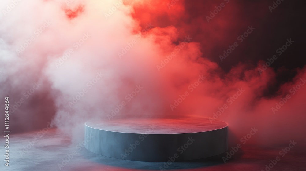 A circular platform surrounded by red and white smoke effects. A circular platform surrounded by red and white smoke effects.