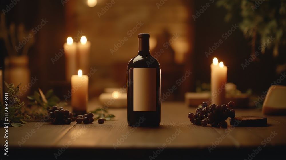 Elegant wine bottle with blank label amidst candlelit ambiance for product mockup Elegant wine bottle with blank label amidst candlelit ambiance for product mockup