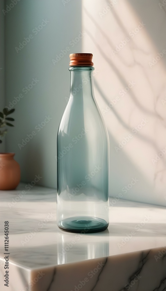 transparent blank glass bottle with a curved neck and wide base, placed on a marble countertop, illuminated by warm indoor light, casting soft shadows create with ai transparent blank glass bottle with a curved neck and wide base, placed on a marble countertop, illuminated by warm indoor light, casting soft shadows create with ai
