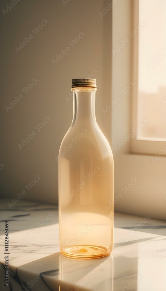 a transparent blank glass bottle with a curved neck and wide base, placed on a marble countertop, illuminated by warm indoor light, casting soft shadows create with ai a transparent blank glass bottle with a curved neck and wide base, placed on a marble countertop, illuminated by warm indoor light, casting soft shadows create with ai