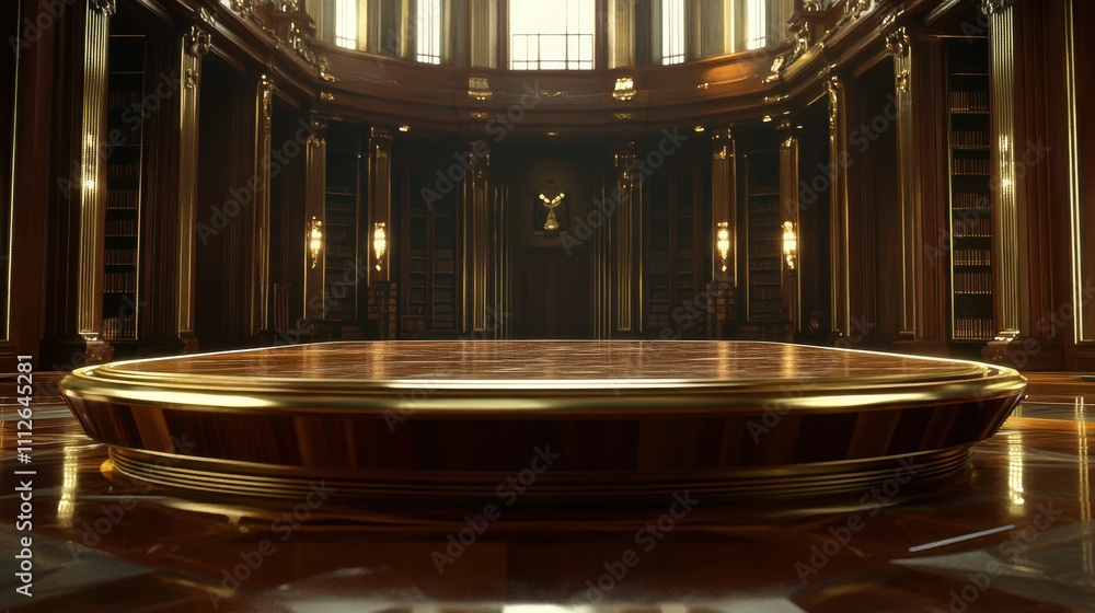 Obraz premium Elegant library interior with a polished wooden stage and shelves.