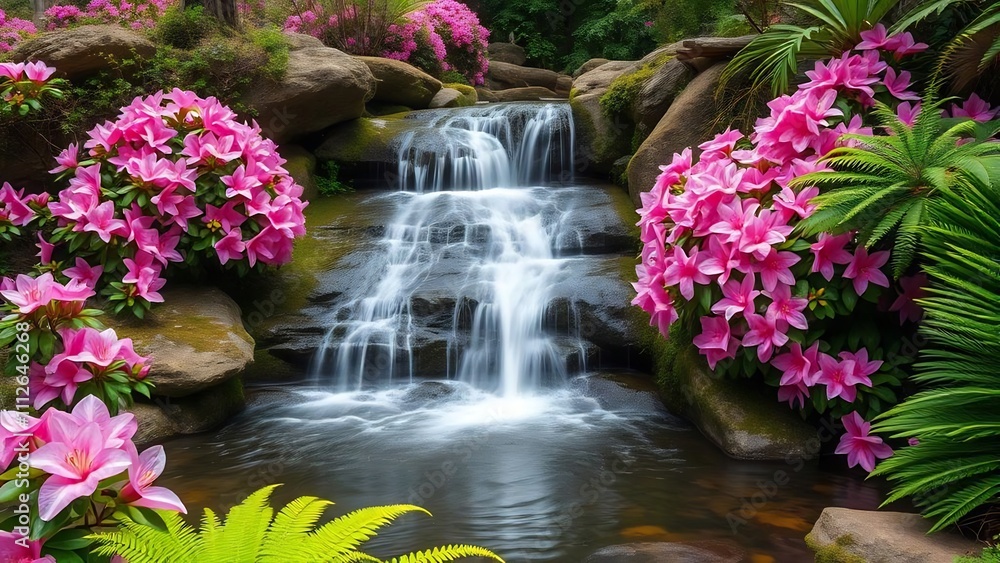 Serene waterfall cascading over rocks, surrounded by vibrant pink azaleas and lush greenery. Serene waterfall cascading over rocks, surrounded by vibrant pink azaleas and lush greenery.