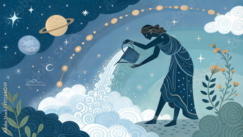 Water bearer illustration with planets and stars, Aquarius zodiac sign