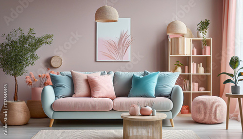 a nicely decorated room in pastel colors with a graphic painting