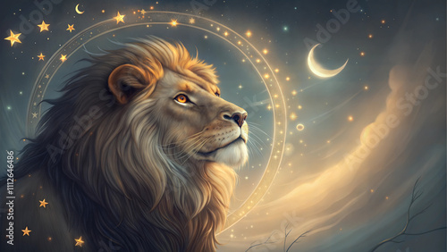 Leo zodiac lion with crescent moon and stars