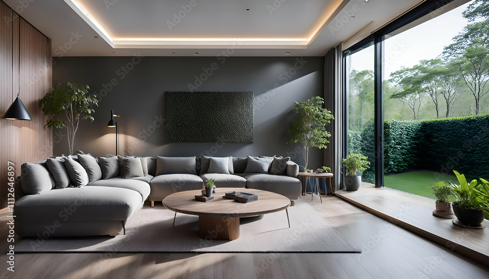 Modern Minimalist Living Room Design. 3D Rendering.Modern Minimalist Living Room 3D Rendering with Dark Gray Walls, Light Wood Flooring, and Elegant Furniture Modern Minimalist Living Room Design. 3D Rendering.Modern Minimalist Living Room 3D Rendering with Dark Gray Walls, Light Wood Flooring, and Elegant Furniture