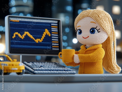 Crochet Girl Working on Stock Market Growth Computer Coffee photo