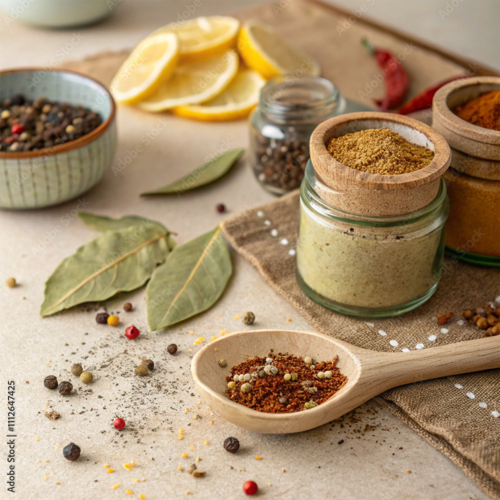 Seasonings in pottery, in spoon, scattering on the surface, peppers, several leaves of bay leaf, lemon zest. Seasonings in pottery, in spoon, scattering on the surface, peppers, several leaves of bay leaf, lemon zest.