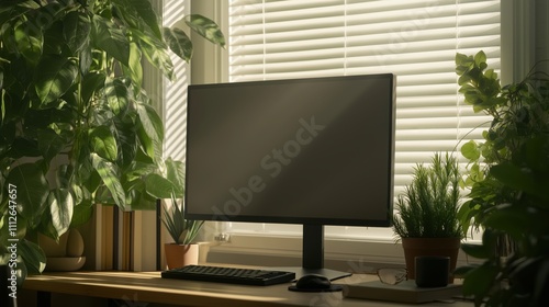 Modern workspace with blank computer monitor surrounded by indoor plants for productivity and inspiration photo