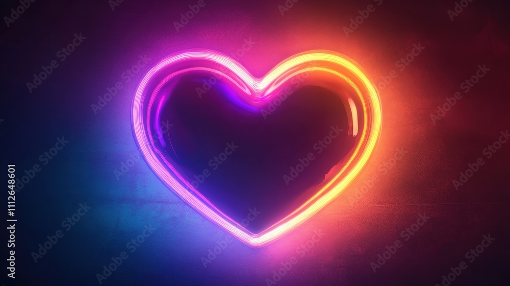 A vibrant neon heart glowing in purple, pink, orange, and blue hues, symbolizing love and affection against a dark background. A vibrant neon heart glowing in purple, pink, orange, and blue hues, symbolizing love and affection against a dark background.