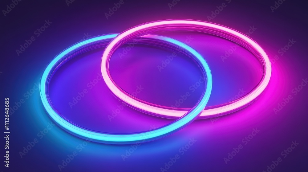 Two glowing neon rings intertwined in vibrant pink and blue hues, creating a captivating visual contrast. Two glowing neon rings intertwined in vibrant pink and blue hues, creating a captivating visual contrast.