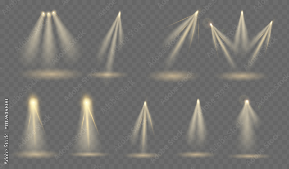 Set of light studio lighting. Pack of ray of lights. Illumination and decoration, presentation of products. Spotlight for scene. Realistic vector collection Set of light studio lighting. Pack of ray of lights. Illumination and decoration, presentation of products. Spotlight for scene. Realistic vector collection
