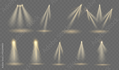 Set of light studio lighting. Pack of ray of lights. Illumination and decoration, presentation of products. Spotlight for scene. Realistic vector collection