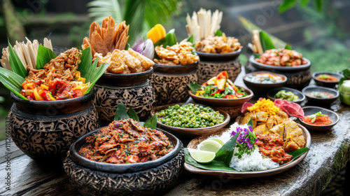 Delicious traditional dishes displayed in vibrant bowls, showcasing culinary art