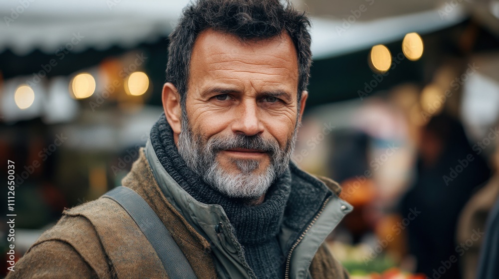 Fototapeta premium Charming Middle-Aged Man at an Outdoor Market, Autumn Fashion