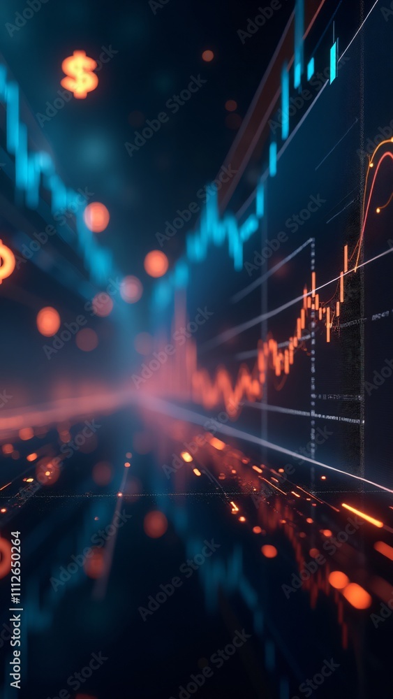 Fototapeta premium A virtual cryptocurrency market with glowing digital charts and fluctuating prices, representing the dynamic world of digital trading.