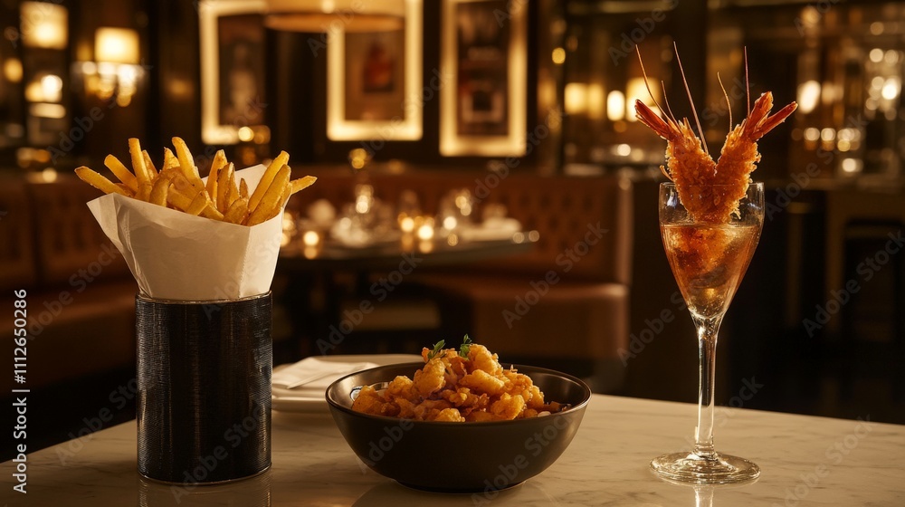 Crispy Fried Shrimp with Golden Fries in Warm Lighting Crispy Fried Shrimp with Golden Fries in Warm Lighting