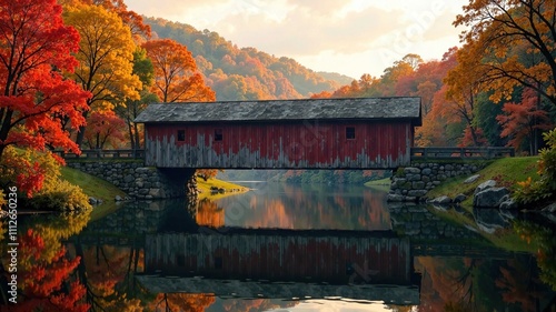 West Cornwall Covered Bridge Housatonic River AI Photo, Dreamy Autumnal Scene, Tranquil Mood photo