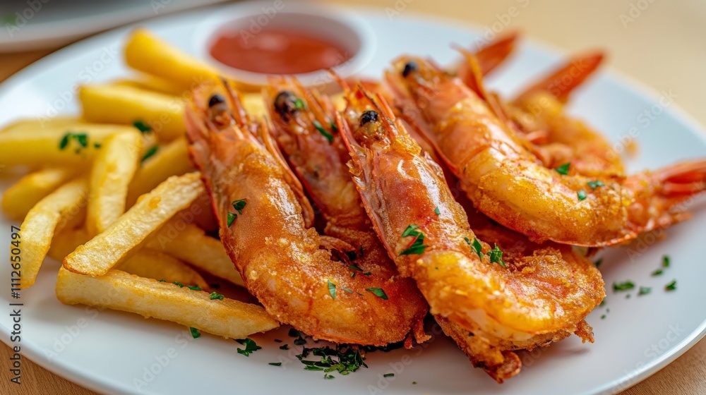 Crispy Fried Shrimp with Golden Fries on Plate Crispy Fried Shrimp with Golden Fries on Plate