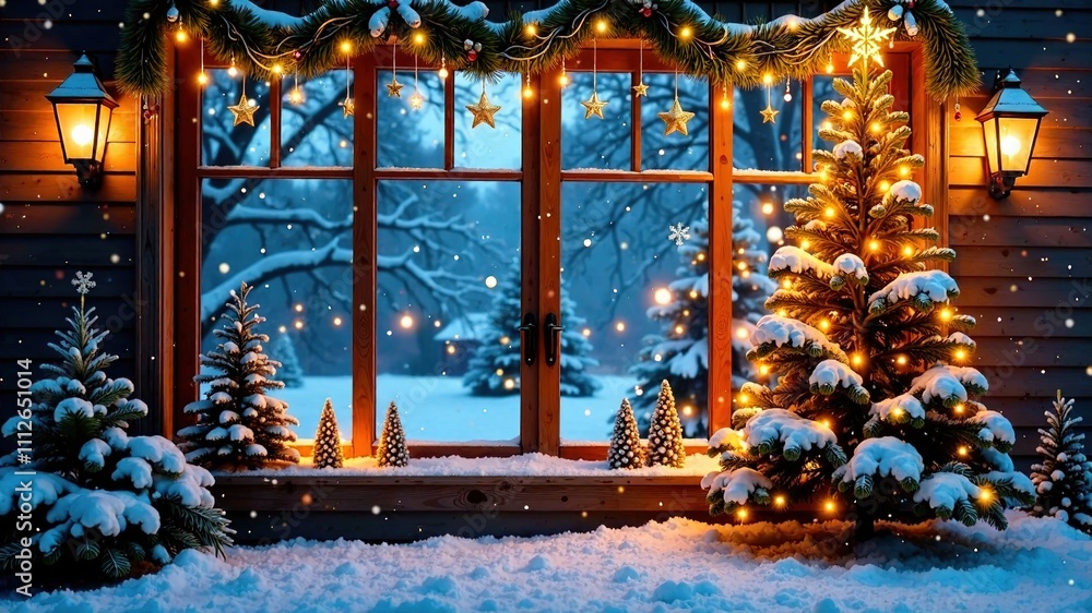 Obraz premium Winter Wonderland Window Christmas Decoration AI Photo, Cozy Christmas Scene, Festive Window Display