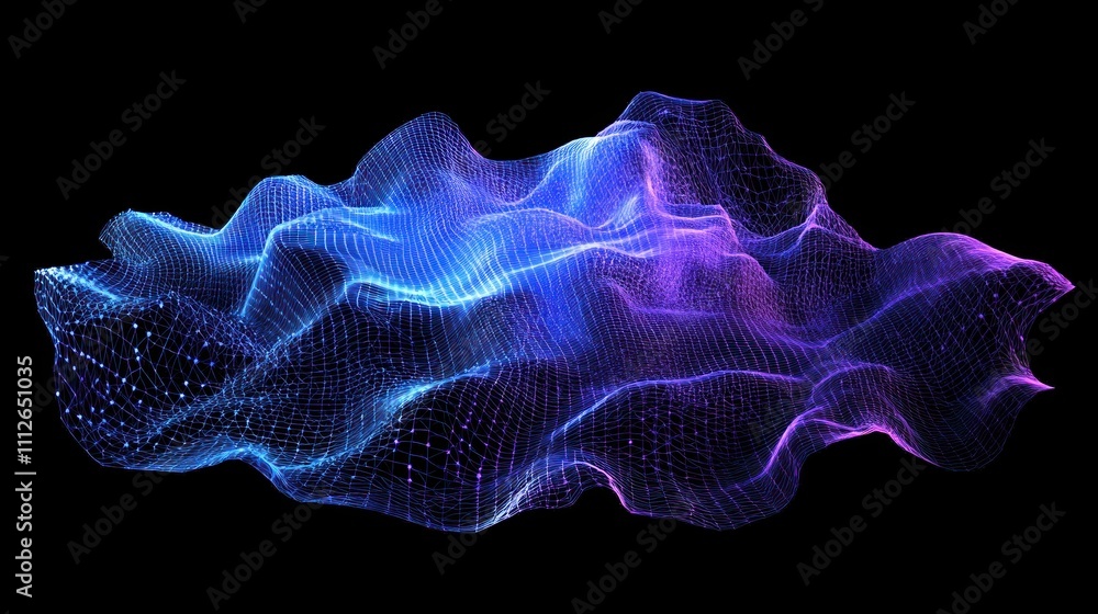 Fototapeta premium Abstract blue and purple wave of particles on black background.